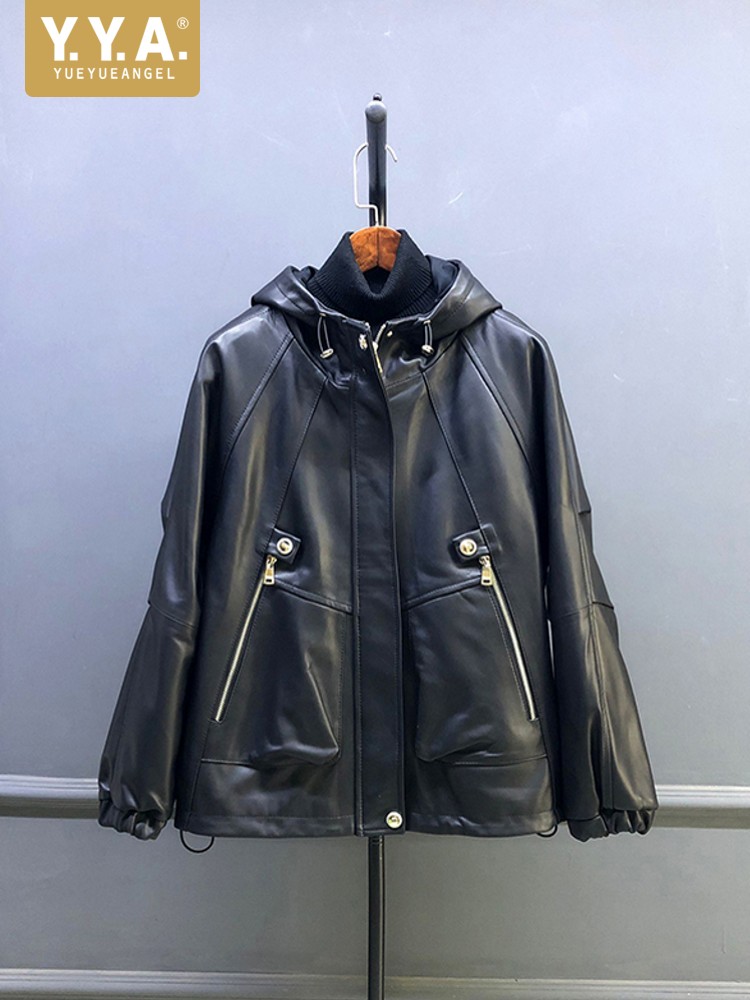 Bestseller Herbst Damen Natürl – Leather Work Jacket With Hood Bewertung und Preis